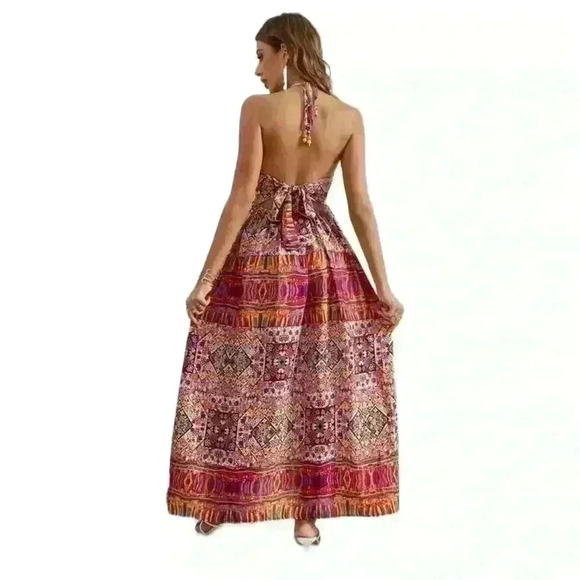 SHEIN VCAY Floral Print Open Back Drawstring Halter Dress Multicolor Size M - Picture 3 of 9